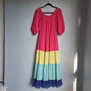 A Calin‎ By Flying Tomato Rainbow Peasant Tiered Off Shoulder Maxi Dress S